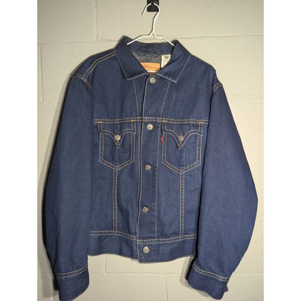 Levis Mens Type 1 Iconic Trucker Jean Jacket Sz‎ L Blue Denim Yellow Stitching